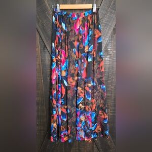 Floral Print Maxi Skirt in Black with Blue & Pink Accents Size Small